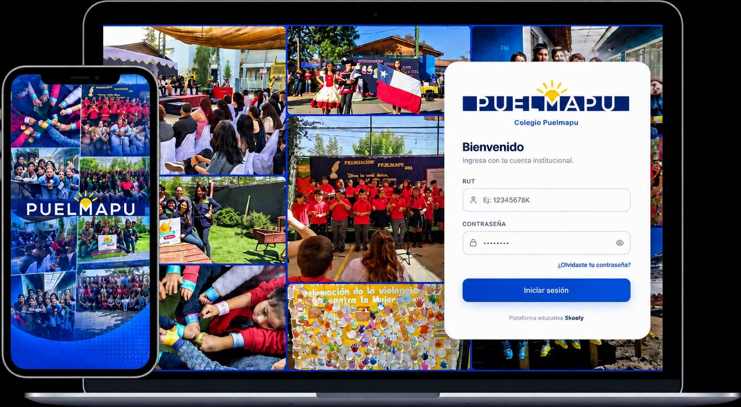 La app y el sitio web del Colegio Puelmapu, con su logo y sus colores institucionales